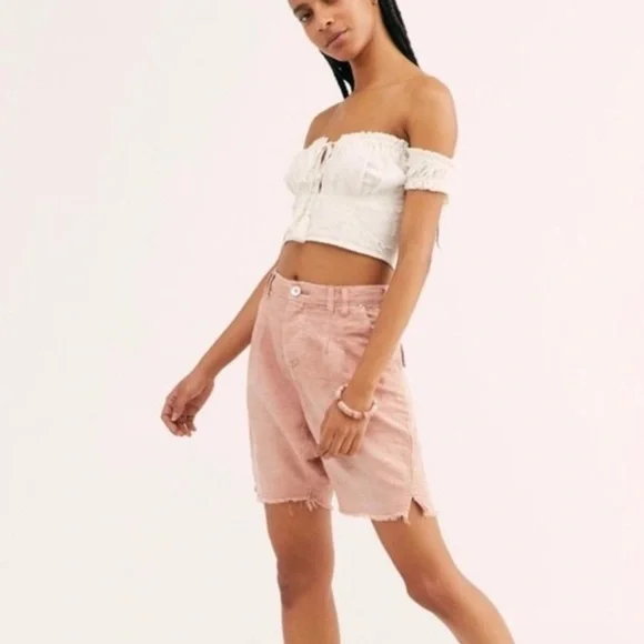Free People Utility Harem Linen Bermuda Jean Shorts Bohemian Braided Rose Pink 2 - Picture 3 of 15